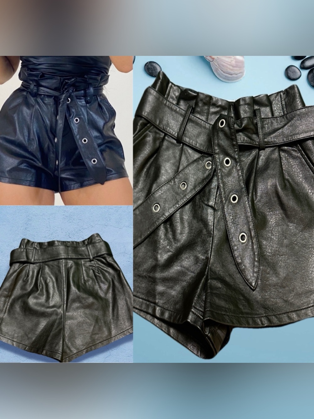 Honey Punch Black High-Waist Faux Leather Paperbag Shorts with Grommet Belt S